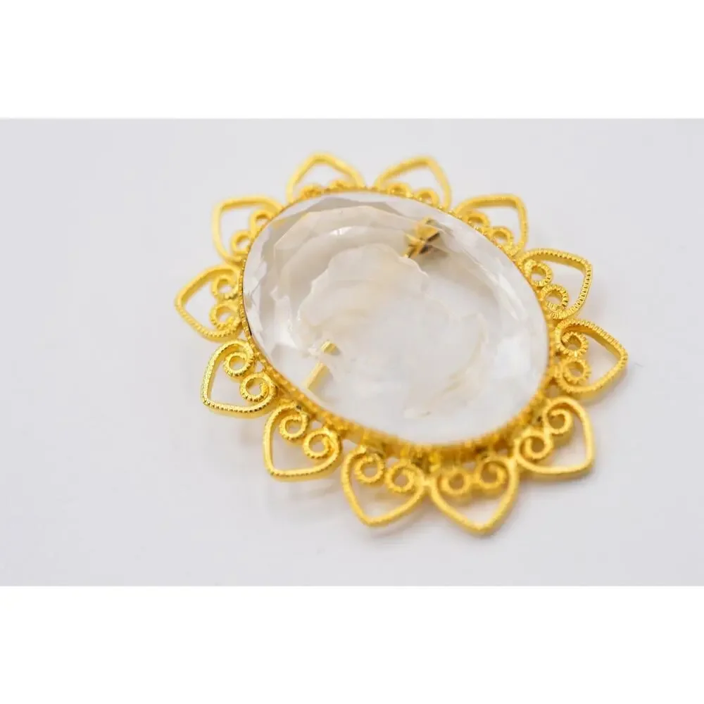 Vintage Cameo Pin Brooch Framed Glass Crystal Clear Oval Gold Tone 1980s 9B